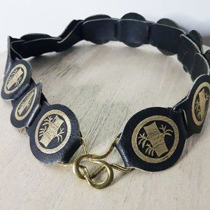 Vintage Black Leather Belt with Bamboo Print, Size 27.5", Vintage Bamboo Print